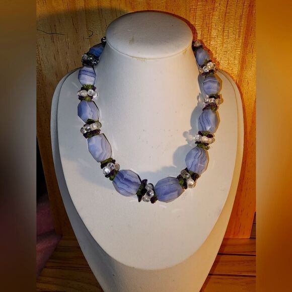 Ross Simons Blue Agate Quartz Amethyst Peridot Necklace .925 17" x 5/8" NWOT - Picture 1 of 14